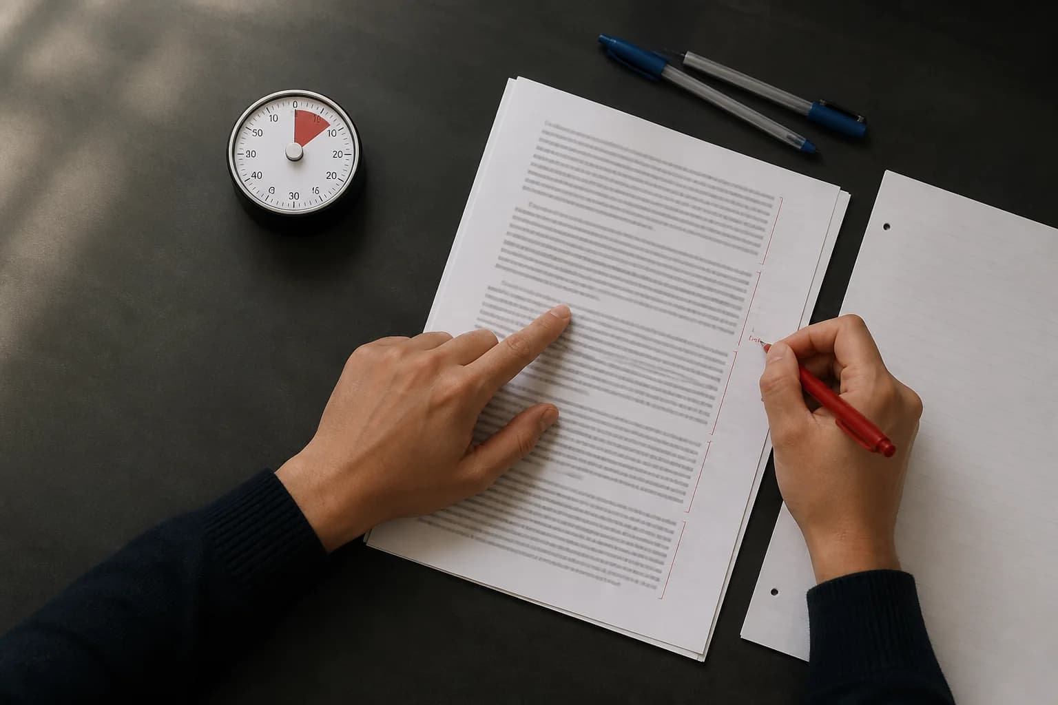 A student tracing an argument on a printed passage beside a timer