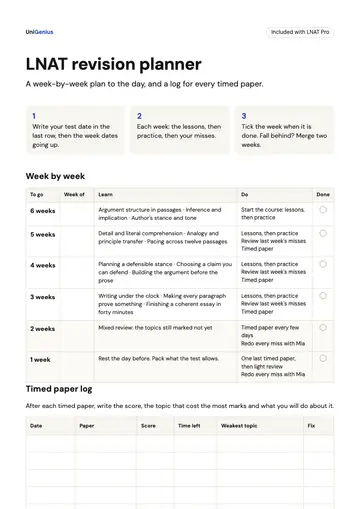 Page one of the LNAT revision planner